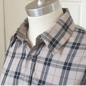 ZARA WOMAN Oversized Button Down Top Black Tan Plaid